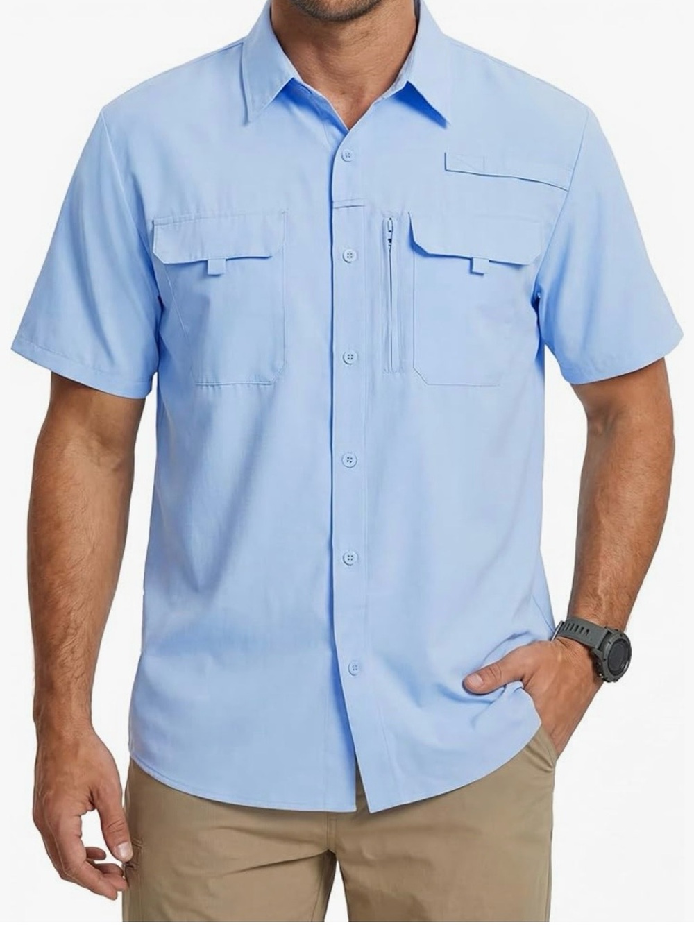 NWT Men's SPF Sun Protection Short-Sleeve Button Shirt in Light Blue
